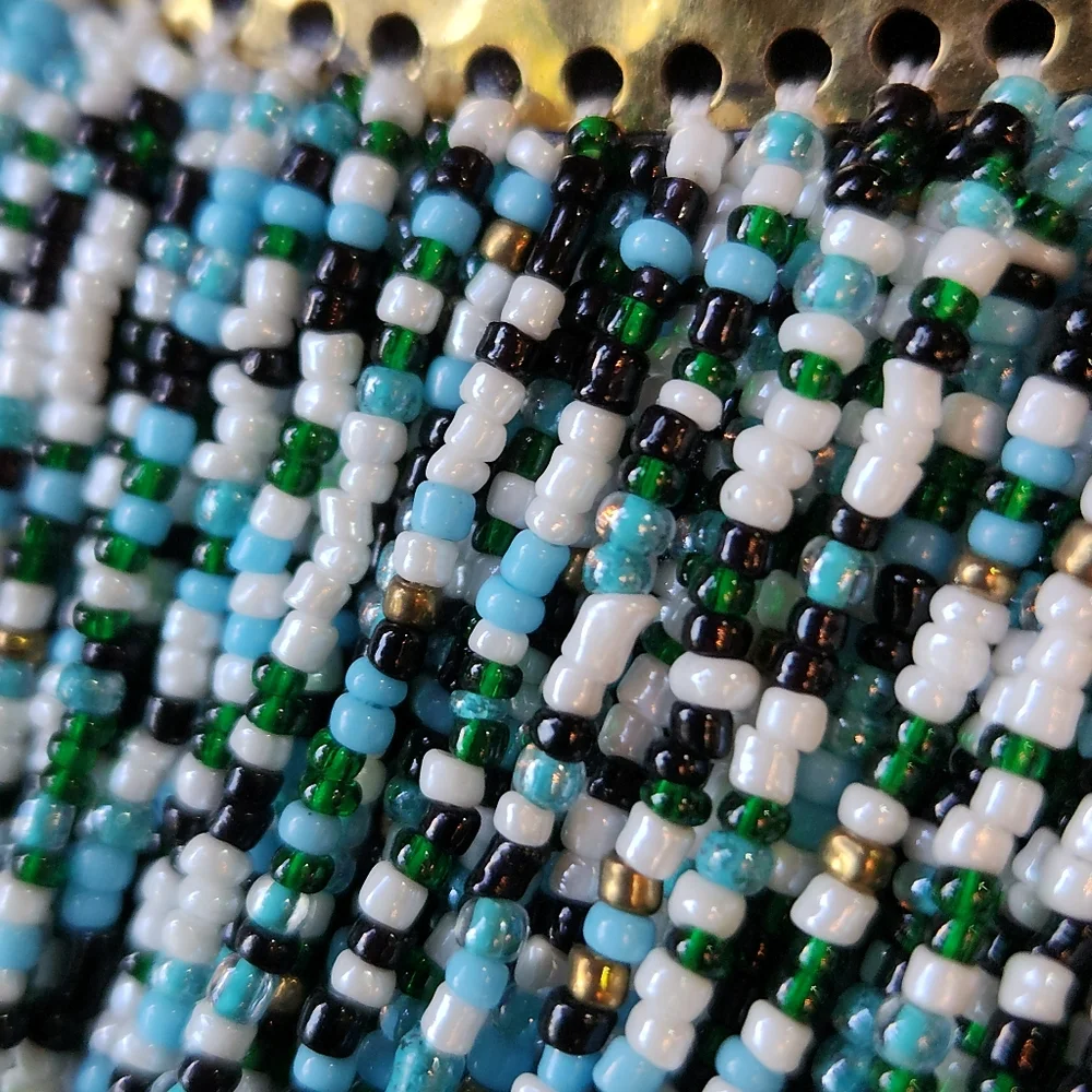 Hand Hammered Brass, Green, Gold, White and Blue Beaded Statement Necklace - Picture 4 of 16